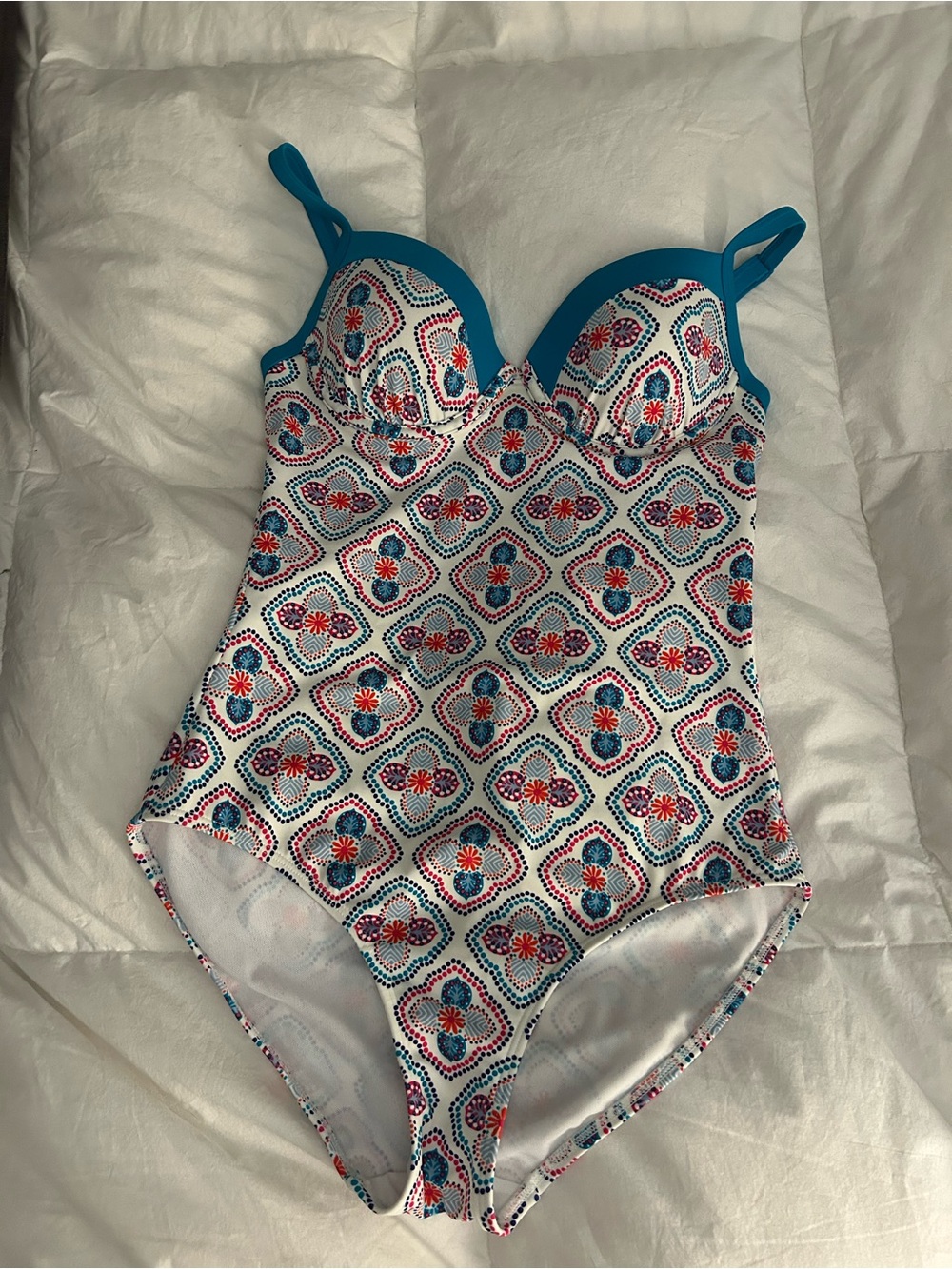 Boden Teal-Trim Floral Geometric One-Piece Bodysuit 32C